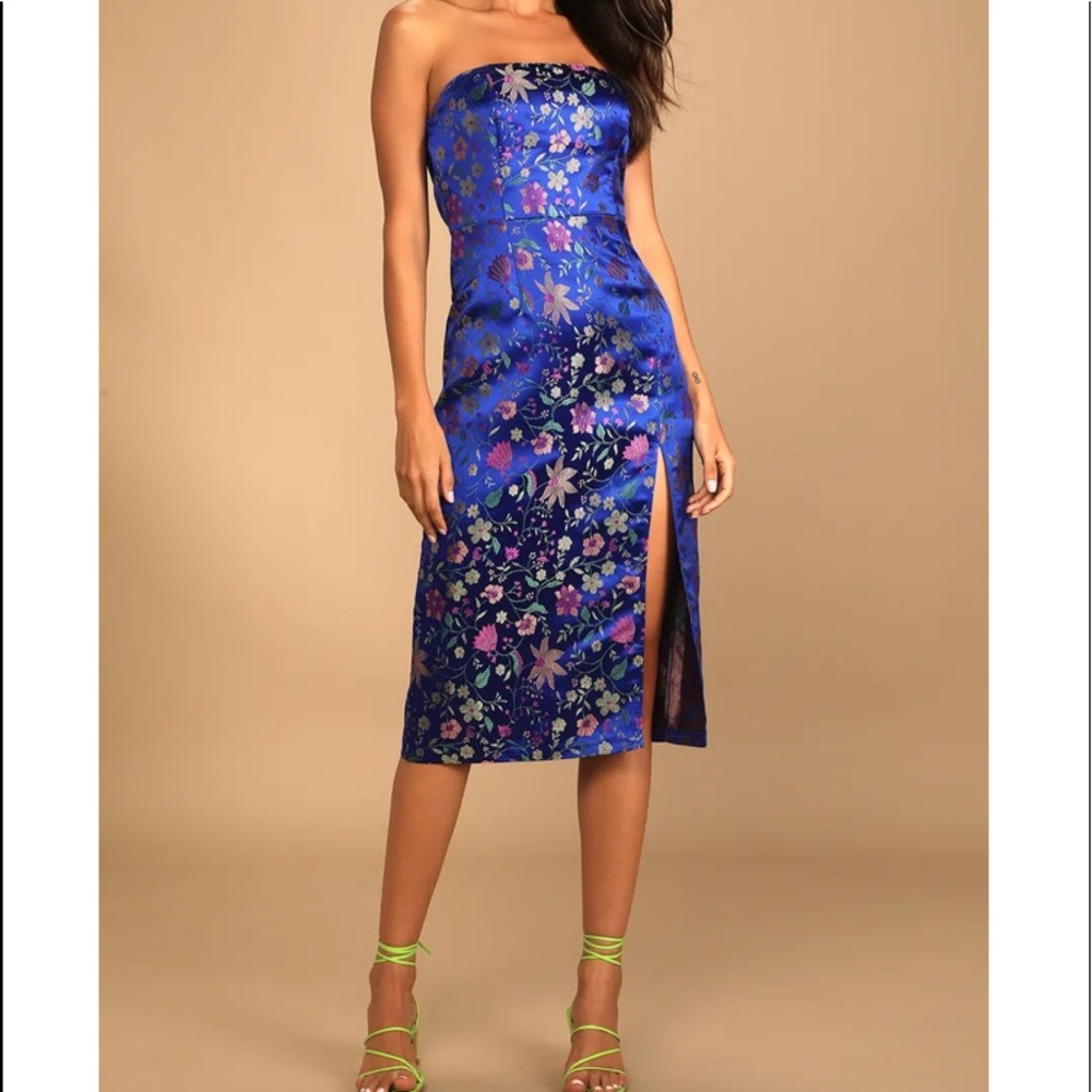 Lulus Make a Move Blue Satin Floral Jacquard Strapless Midi Dress